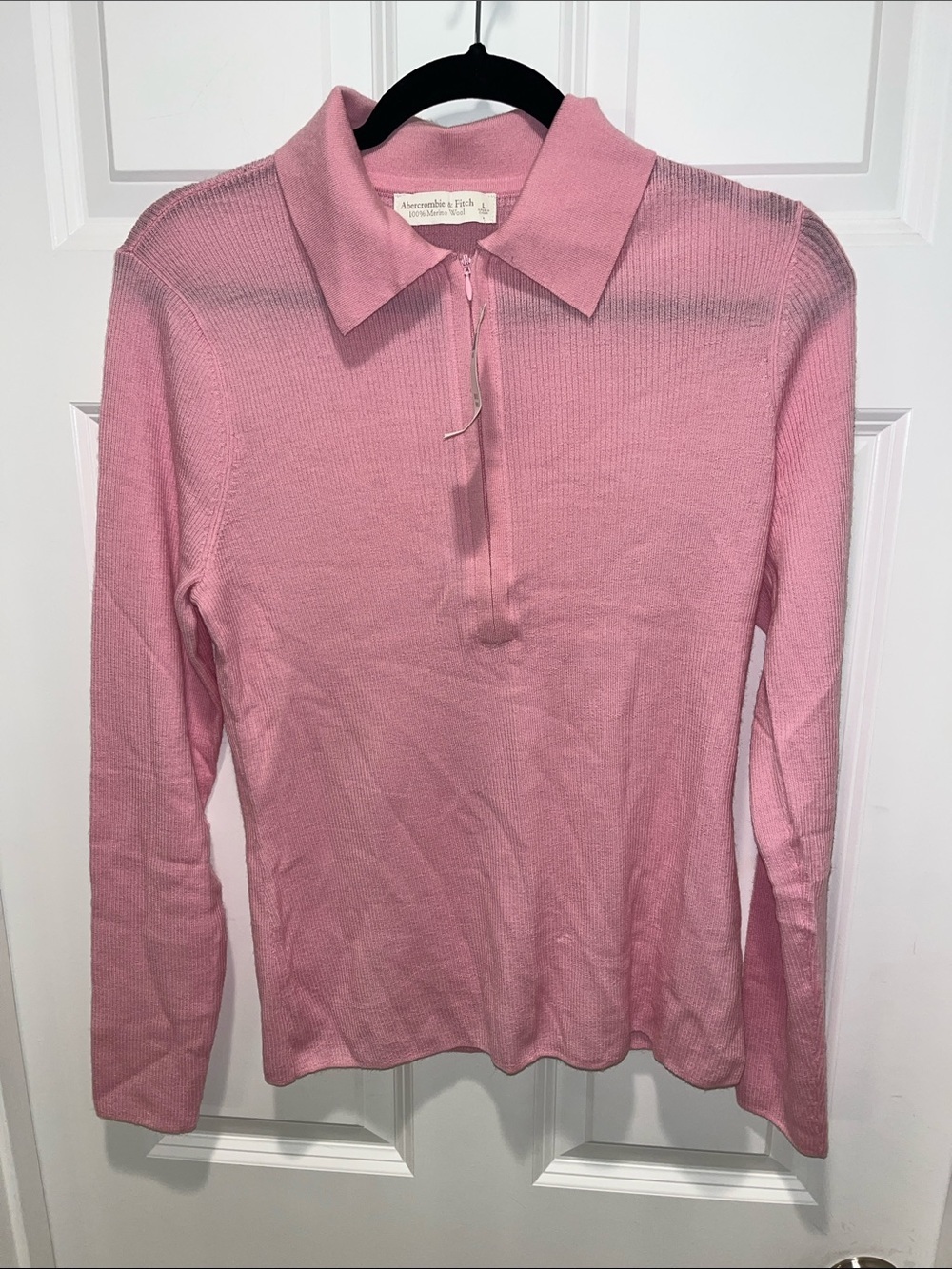 Abercrombie & Fitch half zip polo 100% merino wool soft ribbed lightweight pink - Picture 4 of 10
